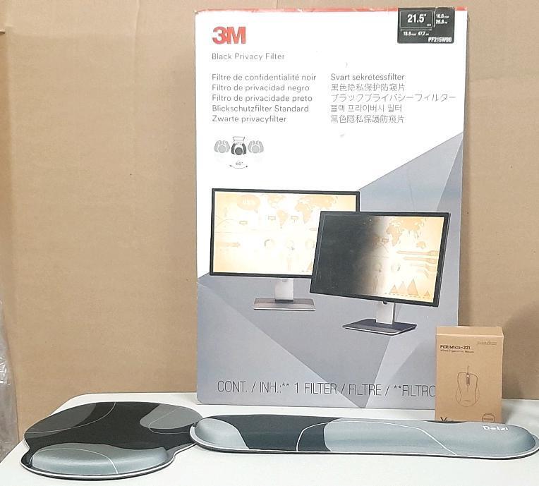 Lot of Computer Accessories, Including Black Privacy Filter, Mousepad, Keyboard Wrist Rest & Wired Ergonomic Mouse