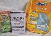 3 New Cleaning Products - 16 Swiffer Dusters, 80 Meyer's Dryer Sheets Lavender & Arm & Hammer Carpet Odour Eliminator (Box Has Hole)