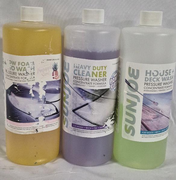 3 As New Sunjoe Pressure Washer Concentrate For Vehicles, House, Deck, Wood, Brick, Tile and Metal - Bottles 1 Qt Each