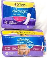 2 As-New Opened Packs ALWAYS Discreet For Bladder Leaks : Size SM (2-14) Disposable Underwear & Extra Heavy Protection Long Pads