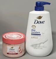 2 New DOVE : Body Scrub With White Peach & Crushed Rice + Deep Moisture Body Wash