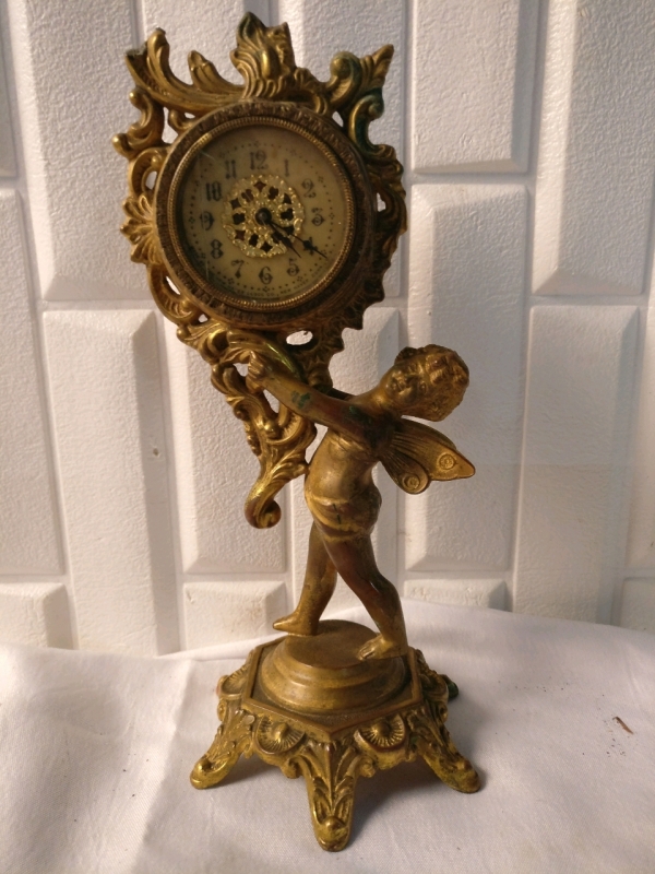 Brass Statue Holding Clock - 10" Tall - As Is