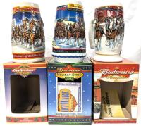 As-New 1999, 2002, 2006 BUDWEISER Holiday Steins, Handmade Collectables With 2 Certificates of Authenticity, Approx 7.25" Tall Each