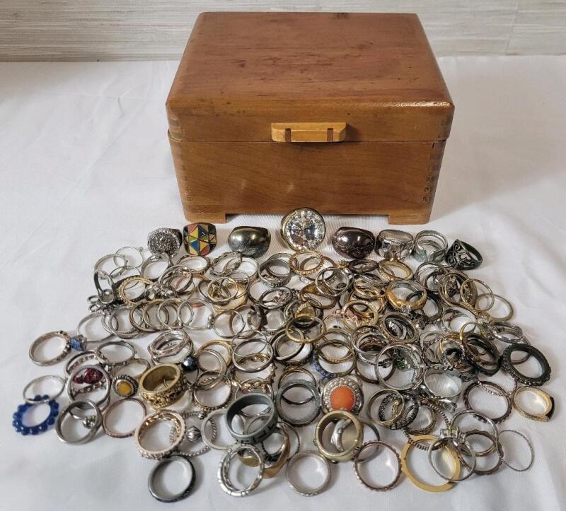 150+ Various Size Rings & Wooden Jewelry Box .