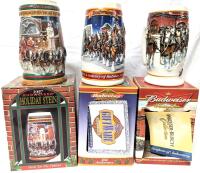 As-New 1997, 1999, 2006 BUDWEISER Holiday Steins, Handmade Collectables With 2 Certificates of Authenticity, Approx 7.25" Tall Each