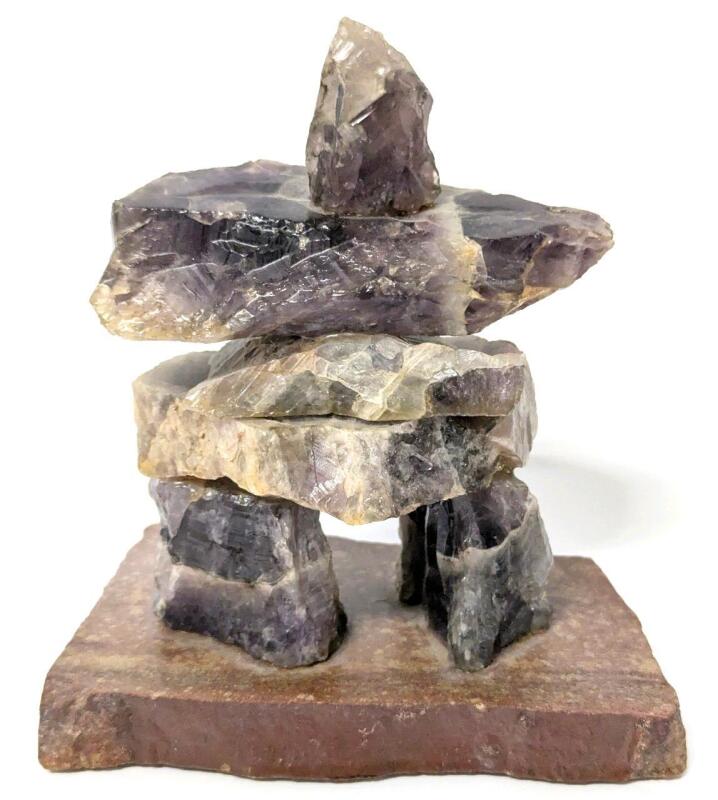 Vintage Thunder Bay Ontario Handmade Natural Amethyst Stone Inukshuk, 6.25" Tall