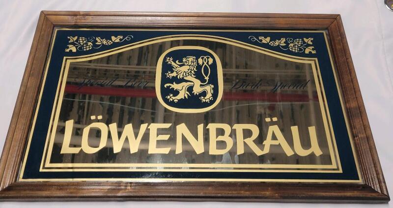 L&ouml;wenbr&auml;u Wood Framed Mirror Bar Sign . Measures 32.5"&times;20 ⅝" .