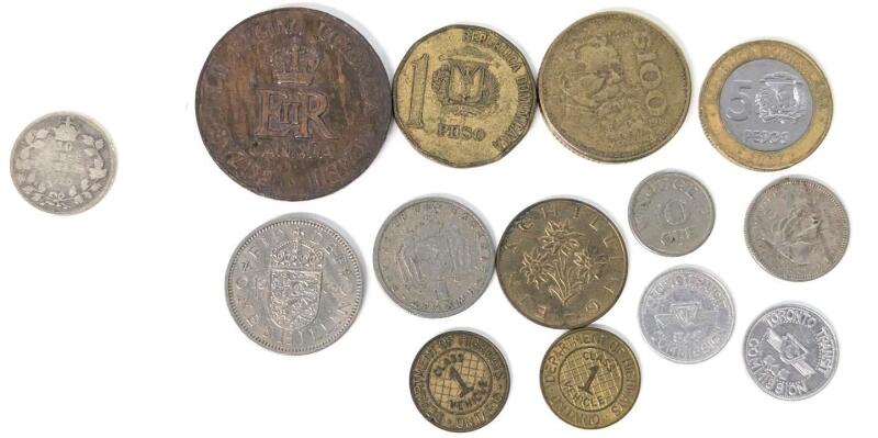 1920 Canada Silver Dime + Canada & World Coins, TTC Tokens & Department of Highways Ontario Class 1 Vehicle Coins