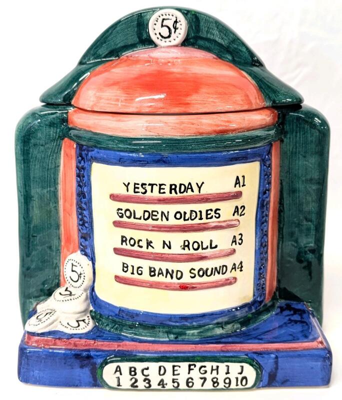 Vintage Signed CH Ceramic Jukebox Cookie Jar. 9.5" Tall, Small Chip in Lid, Some Crazing