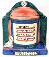 Vintage Signed CH Ceramic Jukebox Cookie Jar. 9.5" Tall, Small Chip in Lid, Some Crazing