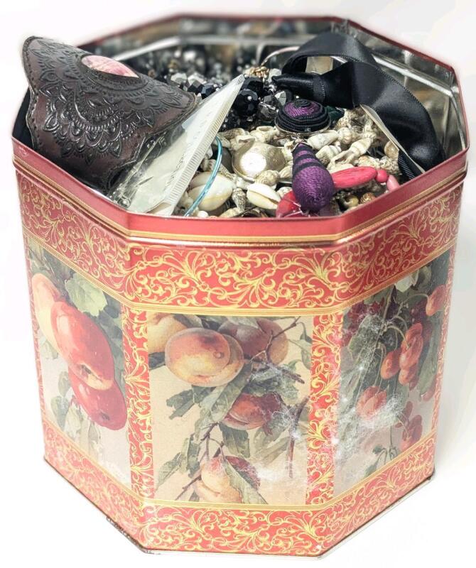 Assorted Jewelry in 7.25" &times; 7.26" &times; 6.75" Tall Tin (No Lid)
