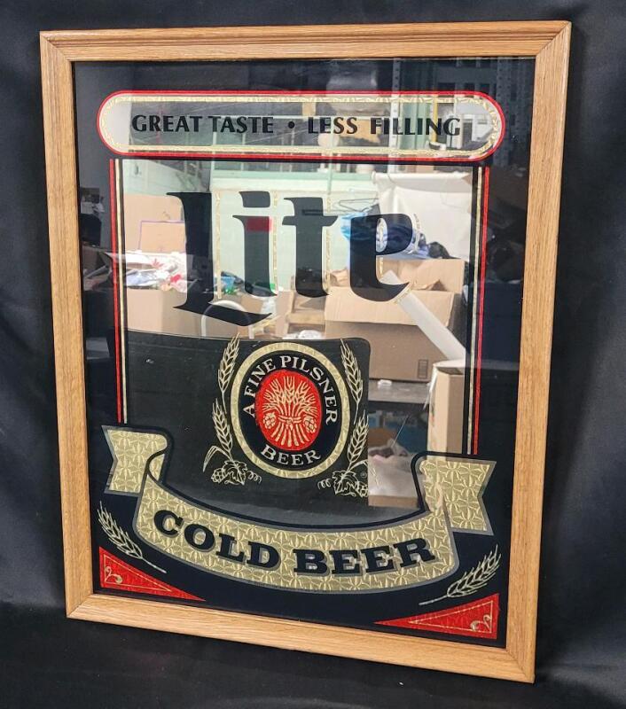 Miller Lite Wood Framed Mirror Bar Sign . Measures 17.5"&times;21 ⅝" .
