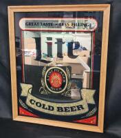 Miller Lite Wood Framed Mirror Bar Sign . Measures 17.5"&times;21 ⅝" .