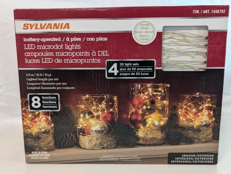 New 4pc 50-Light Sylvania Warm White Battery-Operated Indoor/Outdoor LED Microdot Lights, 4.9M Long