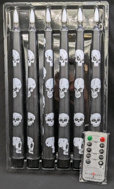 New Gothic Skulls 6 Pack Flameless Black Candles, Real Wax 11'' LED Battery Operated Candle with Remote and Timer Function