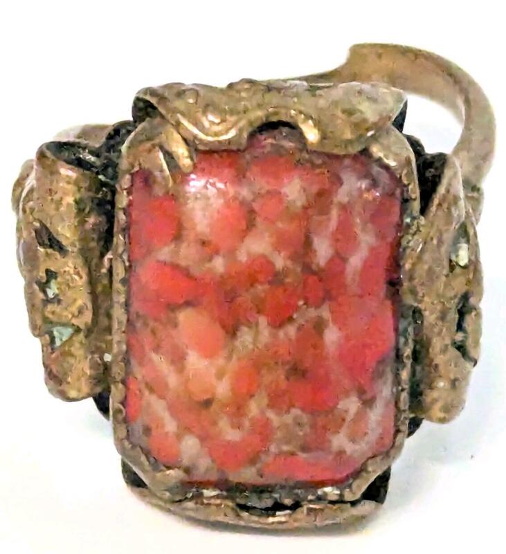 Very Old (Possibly Antique) Bezel-Set Coral Ring, Appears Resized & Deformed, Small Break in Back, No Stamps Found, Non-Magnetic, Aroumd Size 7