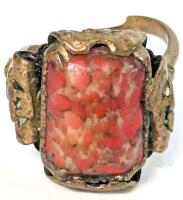 Very Old (Possibly Antique) Bezel-Set Coral Ring, Appears Resized & Deformed, Small Break in Back, No Stamps Found, Non-Magnetic, Aroumd Size 7