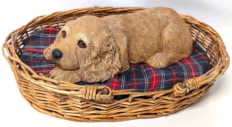 Signed Vintage 1981 Sandicast Sandra Brue Spaniel Puppy Figurine in 13" &times; 18.5" Wicker Basket
