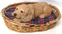 Signed Vintage 1981 Sandicast Sandra Brue Spaniel Puppy Figurine in 13" &times; 18.5" Wicker Basket