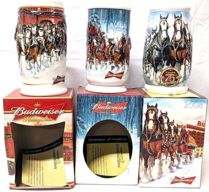 As-New 2006, 2007, 2008 BUDWEISER Holiday Steins, Handmade Collectables With Certificates of Authenticity, Approx 7.25" Tall Each