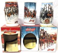 As-New 2006, 2007, 2008 BUDWEISER Holiday Steins, Handmade Collectables With Certificates of Authenticity, Approx 7.25" Tall Each