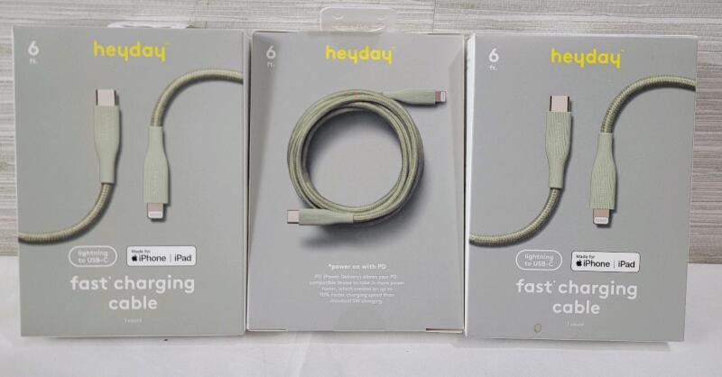 Three (3) New Heyday 6ft. Lightning to USB-A Charging Cables for iPhone & iPad Devices .