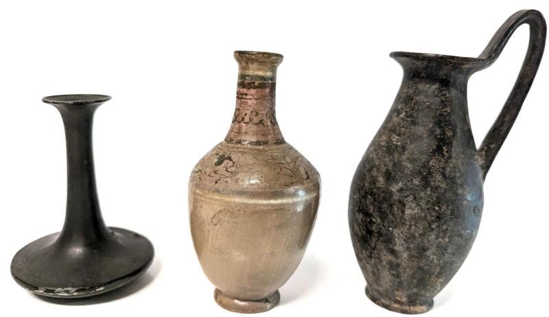 3 Small Vases / Reproduction Jugs in Pottery & Metal. Up to 6.8" Tall, Chip in Bottom Lip of Pottery Jug