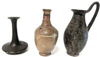 3 Small Vases / Reproduction Jugs in Pottery & Metal. Up to 6.8" Tall, Chip in Bottom Lip of Pottery Jug