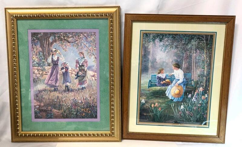 2 Vintage Framed Victorian-Style Prints: 3 Girls in a Garden & Thru God's Grace, Up To 19.5" &times; 23.5"