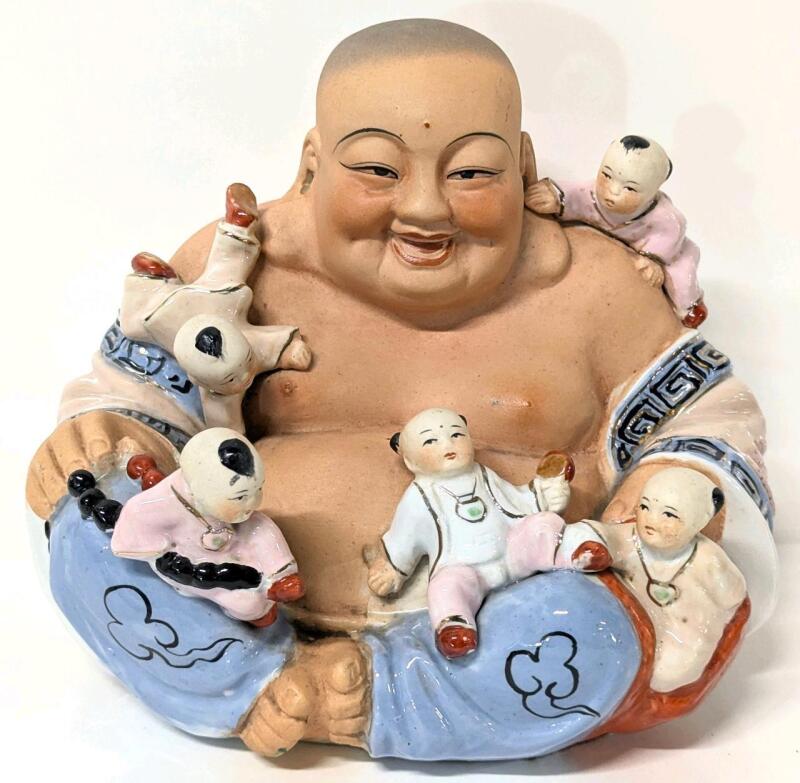 Vintage Hand-Painted Porcelain "Happy Buddha" Fertility Statue, 7" Tall, No Chips or Cracks, Number Written on Bottom