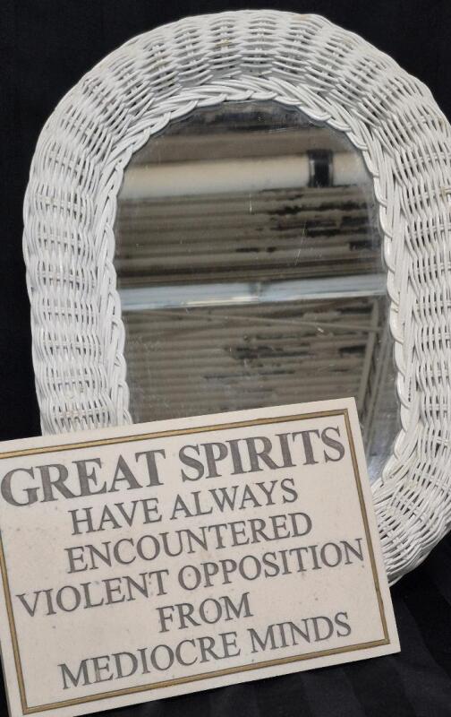 Vintage Wicker Framed Mirror 15 x 11" & Modern Stone Sign 9 x 6"