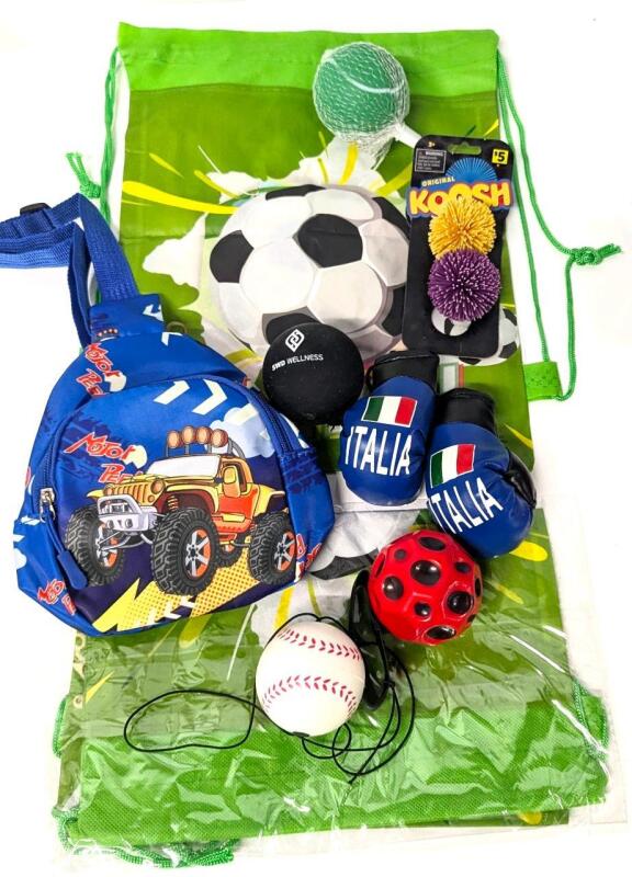 New Bags & Balls! 2&times; Kids' Drawstring Backpacks, Mini Monster Truck Sling Bag, Mini KOOSH Balls, Solid Super Dense Rubber Ball, Squishy Stress Balls +