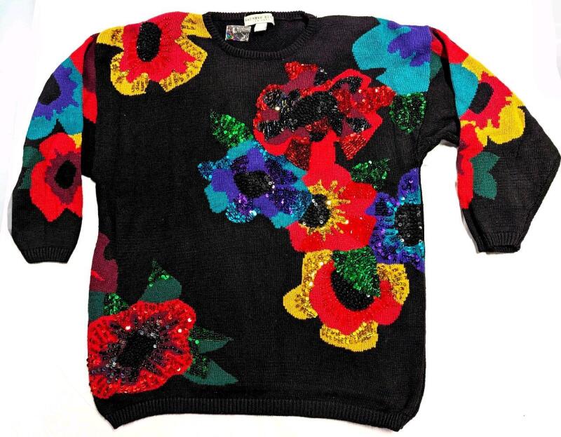 New Size 26/28 Women's Kathryn Dee Cotton Ramie Blend Floral Knit Sweater With Sequins & Shoulder Pads