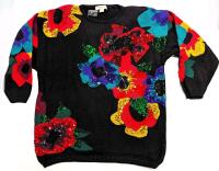 New Size 26/28 Women's Kathryn Dee Cotton Ramie Blend Floral Knit Sweater With Sequins & Shoulder Pads