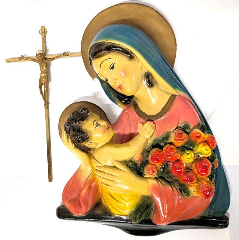 Vintage Chalkware Madonna & Child Wall Hanging 14" & Brass Crucifix Made in Italy 9.8"