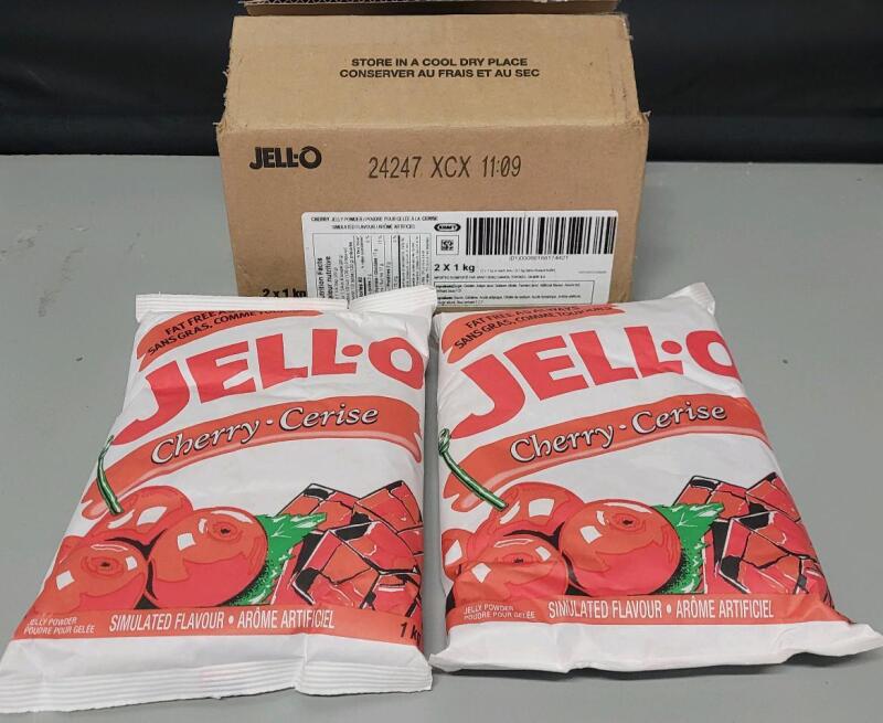 2-Pack Jell-O Cherry Jelly Powder , Two (2) 1kg. Packages . Stamped 24247 XCX 11:09 on Box and Package