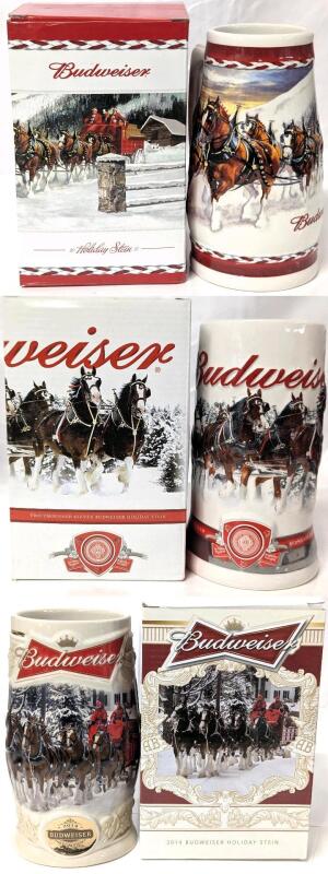 As-New 2010, 2011, 2014 BUDWEISER Holiday Steins, Handmade Collectables With Certificates of Authenticity, Approx 7.25" Tall Each