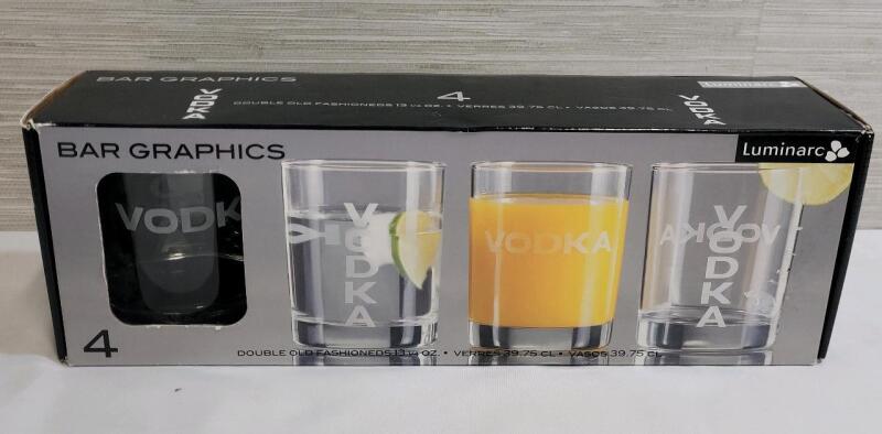 Four (4) New Bar Graphics Double Old Fashioneds 13 &frac14;oz. Vodka Glasses .