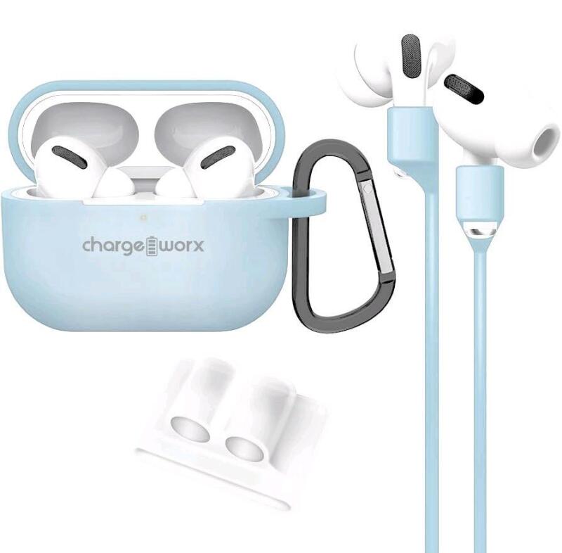 New Chargeworx 4-Piece Accessory Kit, Compatible with AirPods Pro | Dustproof Silicone Case, Carabiner, Magnetic Neck Strap, Watch Band Holder | Travel-Ready Earbud Kit w/Anti-Lost Straps (Light Blue), Retails $40+