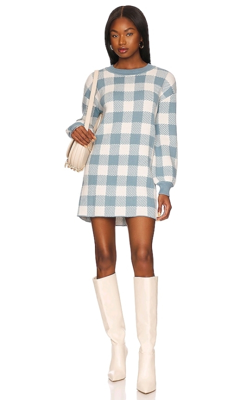 New LPA Floyd Sweater Dress in Dusty Blue & Ivory - Med