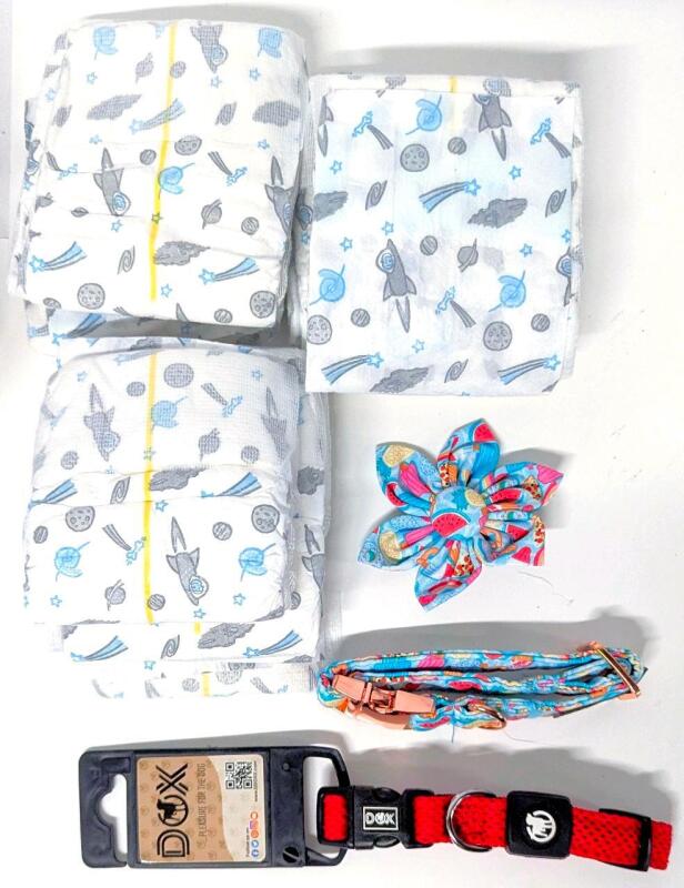 New XS Dog-Size Delights : 11 Disposable Belly Band Diapers For Male Dogs With 8-12" Waists + 2 Collars : Dox Air Mesh & Maca Bates With Removable Collar Flower