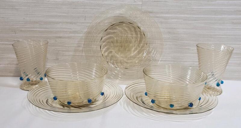 Vintage Artisan Handblown Glass Tumblers , Bowls & Plates featuring Swirled Design and Applied Blue Glass Prunts .