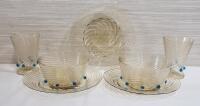 Vintage Artisan Handblown Glass Tumblers , Bowls & Plates featuring Swirled Design and Applied Blue Glass Prunts .