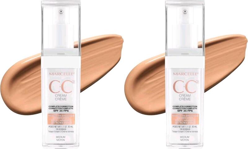 2 New MARCELLE CC Cream SPF 35, Medium to Dark, Complete Correction, Tinted Moisturizer, Non-Comedogenic, Perfume-Free, Paraben-Free, Oil-Free, Hypoallergenic, Cruelty-Free, 30 mL [EXP 2027]