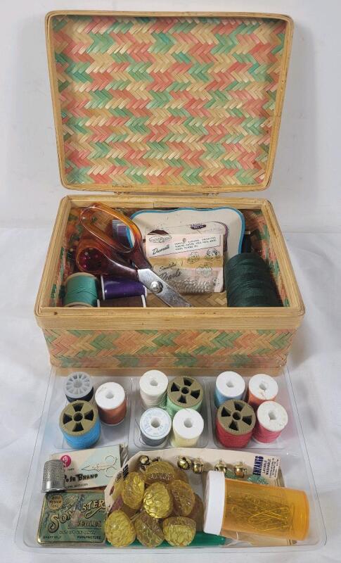 Vintage Woven Herringbone Style Sewing Basket filled with Assorted Sewing Notions (see photos) .