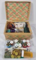 Vintage Woven Herringbone Style Sewing Basket filled with Assorted Sewing Notions (see photos) .