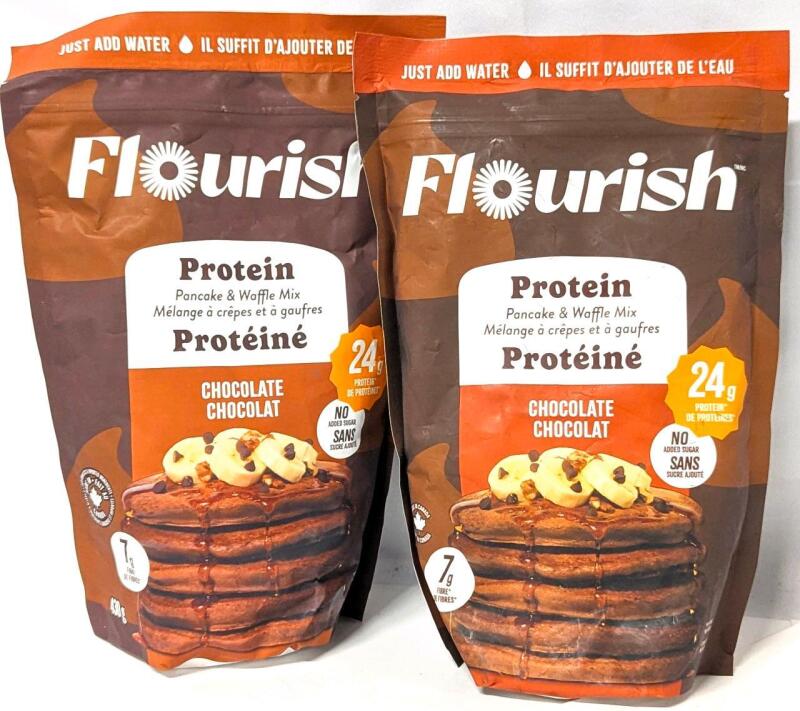 2 New FLOURISH Chocolate-Flavored Protein Pancake & Waffle Mix, Whey Protein Isolate & Flax Seed, Non-GMO, No Added Sugar, Superfood, High Protein & Fiber, Just Add Water