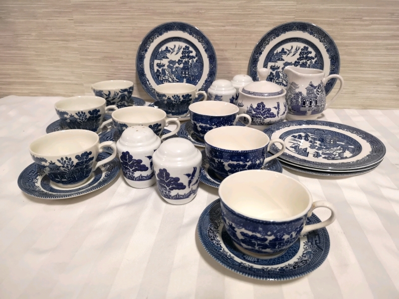 Vintage Teacups & Saucers, Plates - Willow Style Pattern - Churchill & Japan & Johnson Brothers