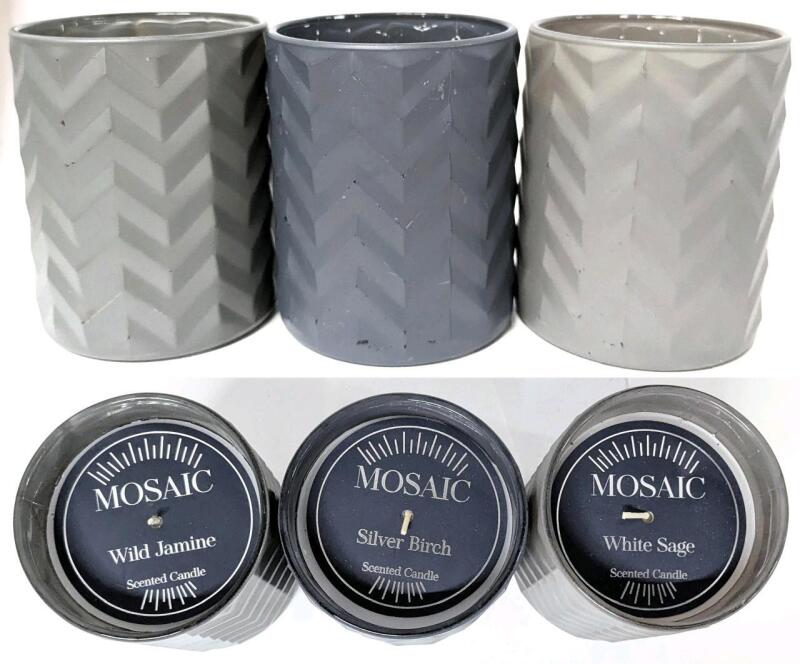 3 New Mosaic 480g Scented Candles: Wild Jasmine, Silver Birch & White Sage, In Glass Vessels