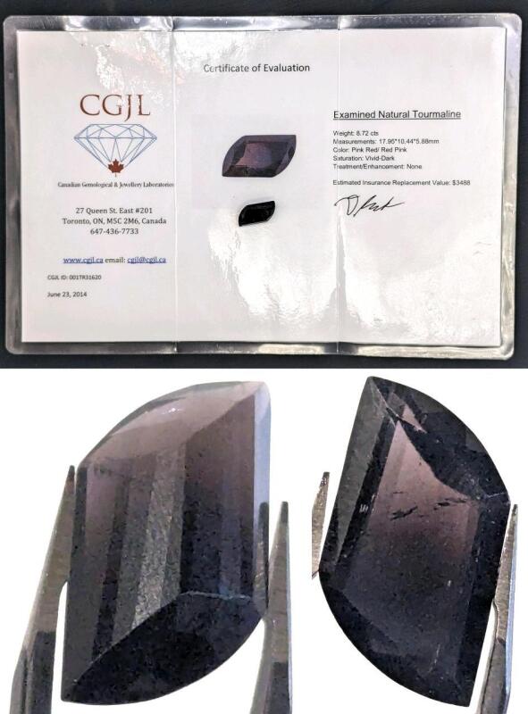 Natural Tourmaline Stone, 17.95 &times; 10.44 &times; 5.88mm, 8.72 cts, Pink/Red, Vivid-Dark, With 10+ Year Old Appraisal, Estimated Retail Value $3488.00